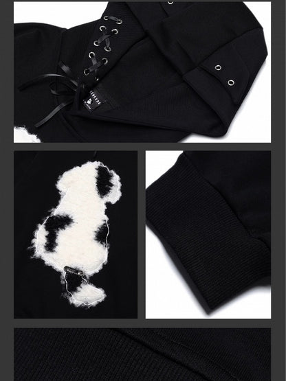 Schwarzer süßer Kapuzenpullover mit Welpenohren und Applikation