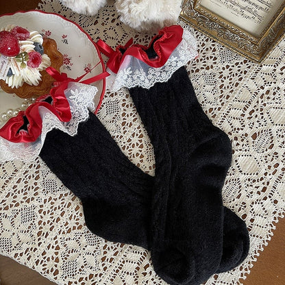 Ribbon Socks with Cable-Knit Lace Cuffs