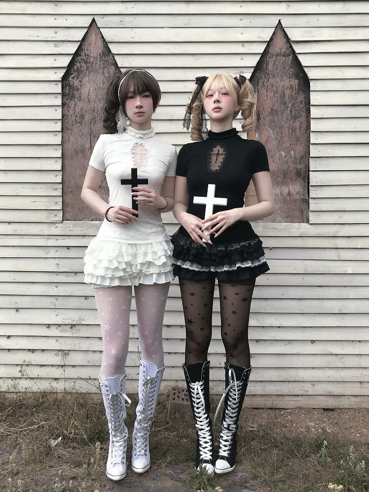 Tiered Cross Skort Gothic Black/White Elastic Waist Lace Trim Bloomers