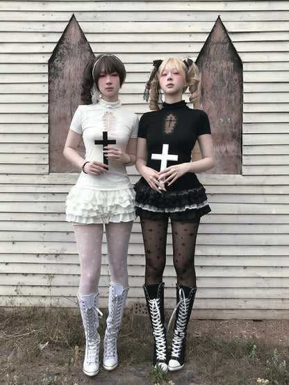 Tiered Cross Skort Gothic Black/White Elastic Waist Lace Trim Bloomers