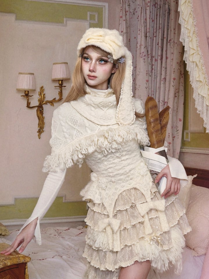Cable Knit Shawl Cream White Fringe-Edged with Thick