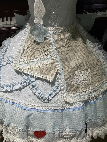 Blue-White Heart-Print OP Dress with Ruffle Lace Accents - Starry Mist Rose