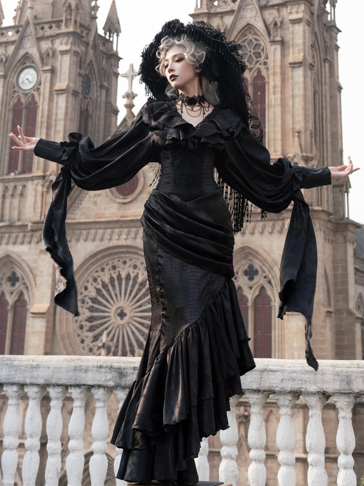 Gothic Asymmetrischer Rock Korsett mit Taillenstäbchen Kaskadierender hoher Lolita-Volant Meerjungfrauensaum Schwarz