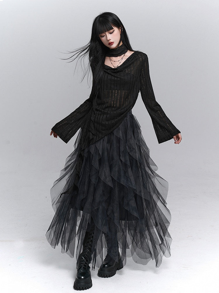 Slit with Top Knit Asymmetrical Neck Black Gothic Side Cowl