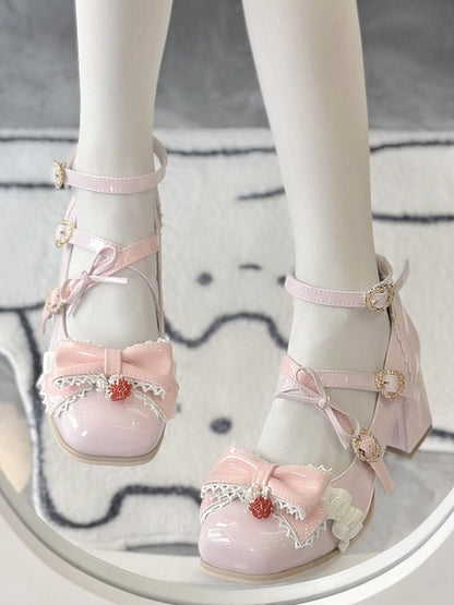 Toe Mid-heel Mary Bow Details Berry Pink Trim Square Ruffle Janes Accent -