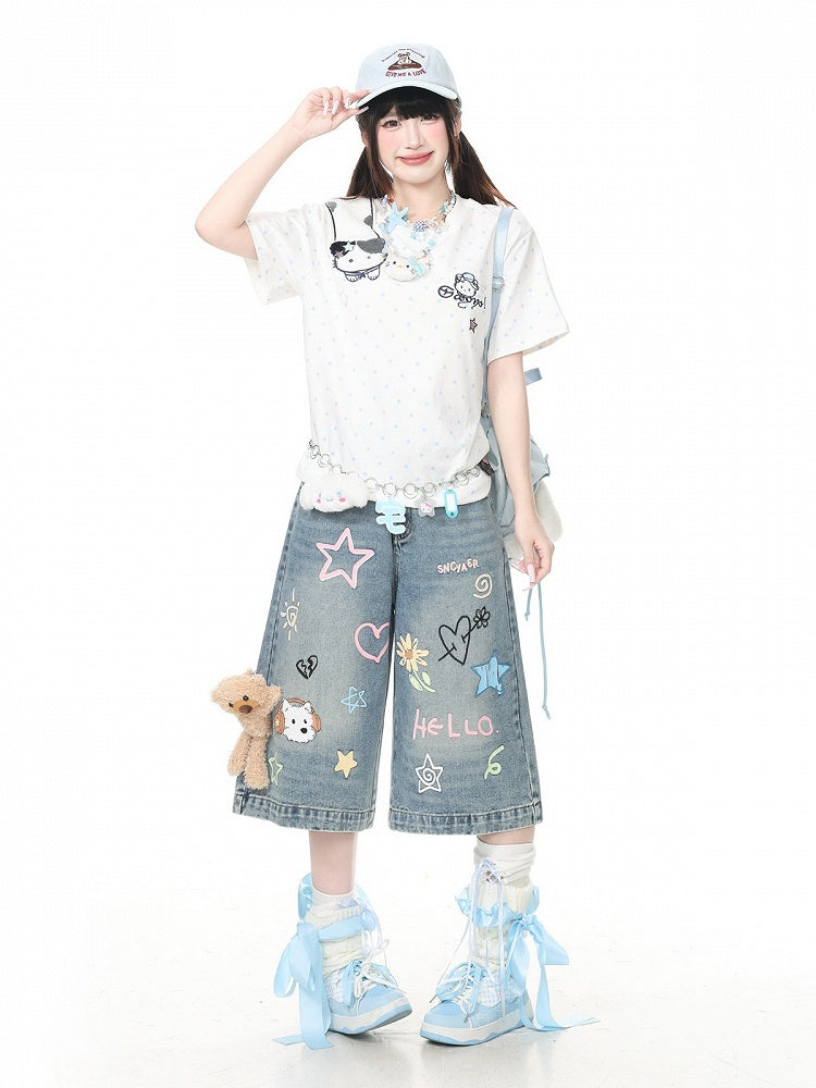 Blue Cropped Denim Jeans with Teddy and Graffiti - Languid Park