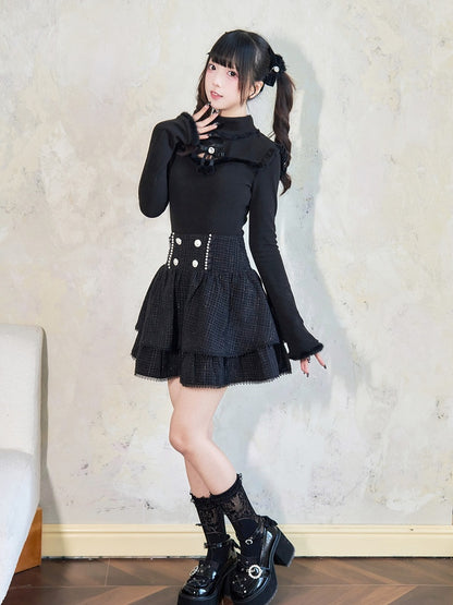 Jirai Kei – Schwarzes Oberteil mit Plüschbesatz, Cut-Out-Detail, Schleife und Strassverzierung