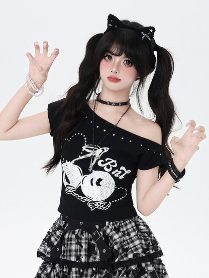 ハート ブラック/ホワイト Tシャツ アシンメトリーネックライン チェリープリント スタッズ