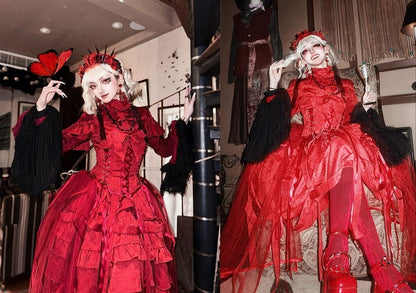 Design Schnürschuhe mit Taillen-Vogelkäfig-Ovarlay-Rot-Lolita-Kleid-Rock groß und Gothic-Schleife-Korsett abnehmbar