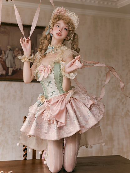 Green Jacquard Boned Bodice Pink Carousel Pattern Skirt Lolita Dress with Big Bow Train