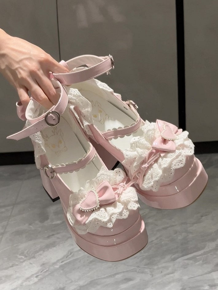 Sweet Trim Pink Lace High-heel Lolita Janes Heart Decor Mary Top Bow with