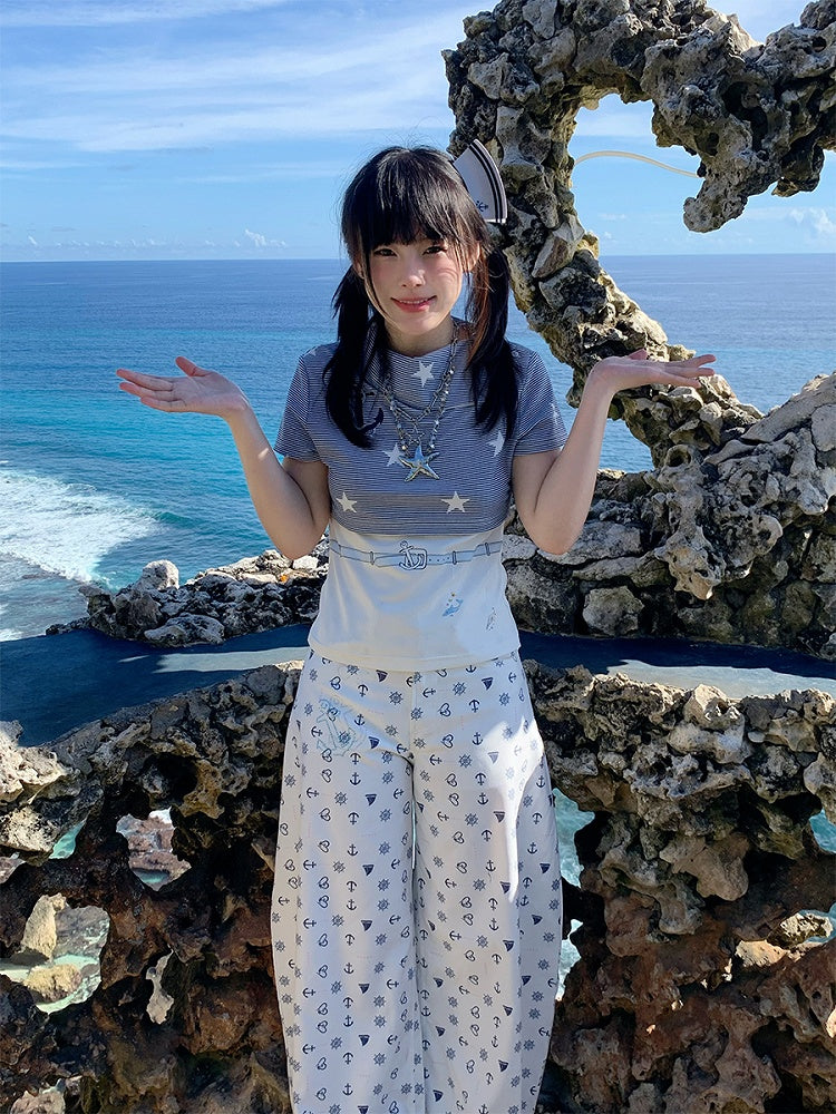 Star Print T-Shirt Blue with and White Stripes Navy Style