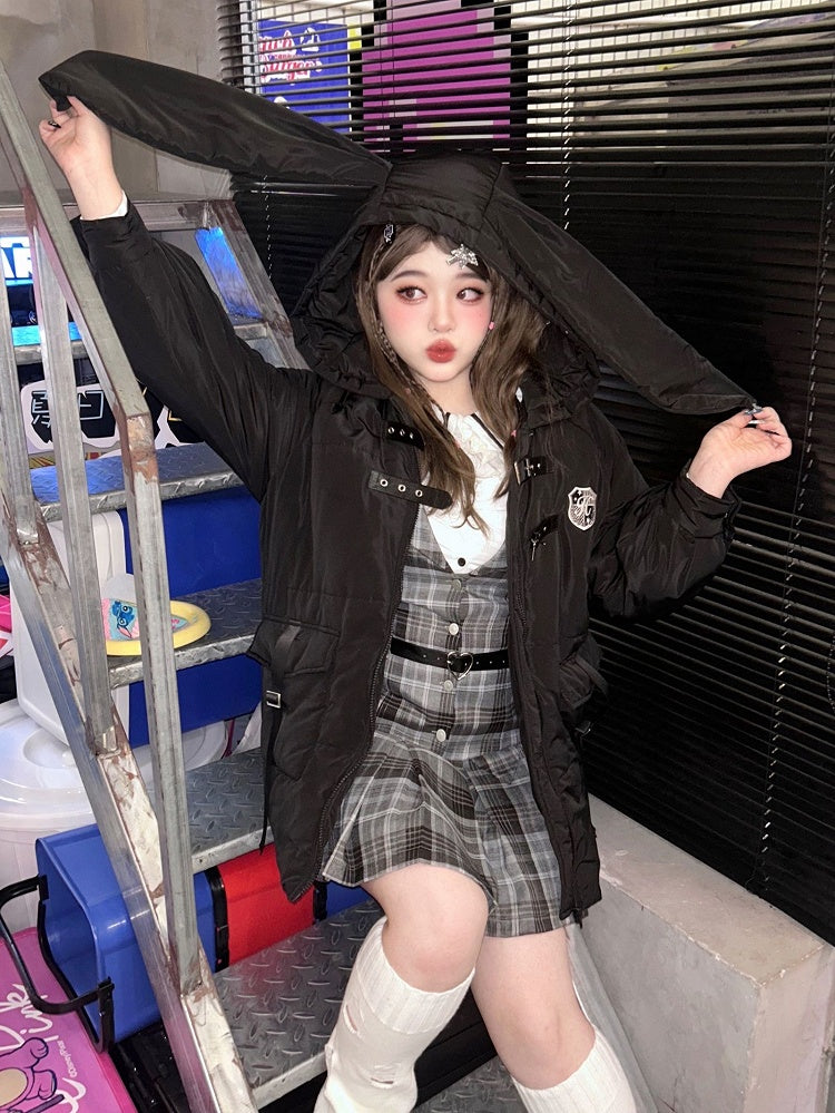 Pufferjacke mit Kapuze und Ohren, Übergröße, Hase, Schwarz