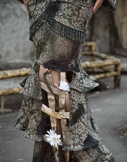 グリーンタイフラワーバードケージヘムラインマーメイドスカート