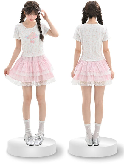 Sweet Pink Elastic Waist Lace Trim Tiered Skirt
