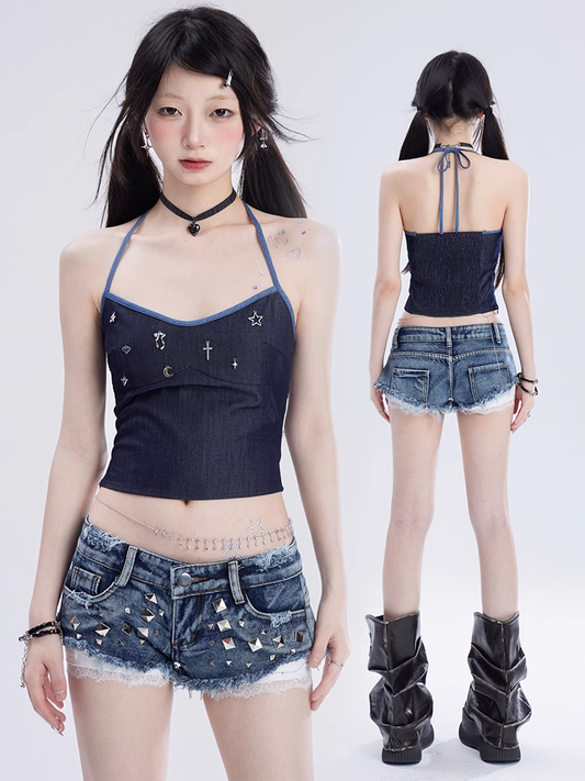 Cropped Denim Blue Halter Neck Metal Top Charms