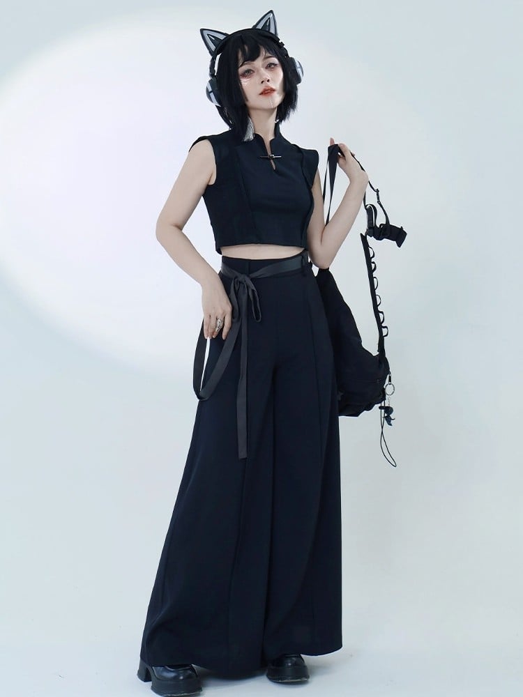 in Belt Zipper Back Chinese Black Pants - Style Wide-leg Hidden Matching