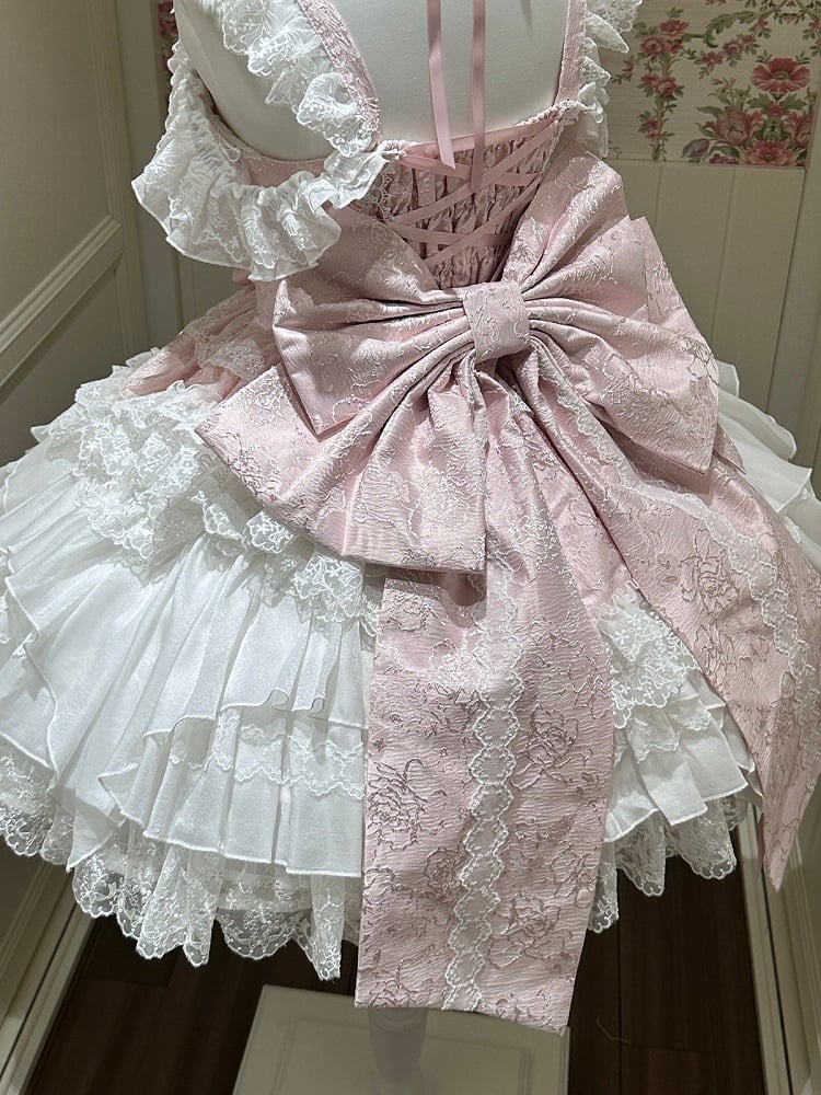 Pink Ballet Style Lace Ruffle Lolita JSK Dress with Bead Chain Bow and Back Bow Set - White Sugar Girl