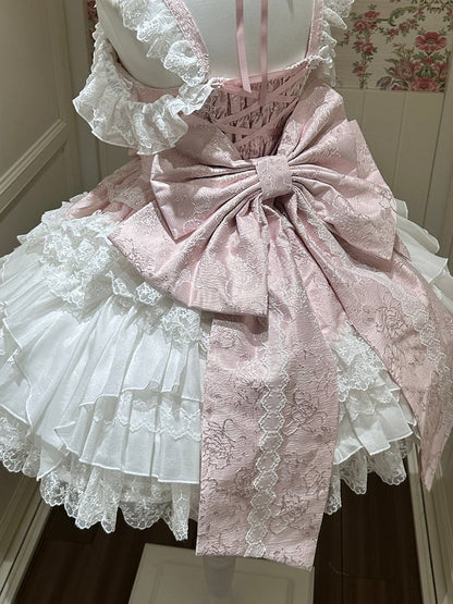 Pink Ballet Style Lace Ruffle Lolita JSK Dress with Bead Chain Bow and Back Bow Set - White Sugar Girl