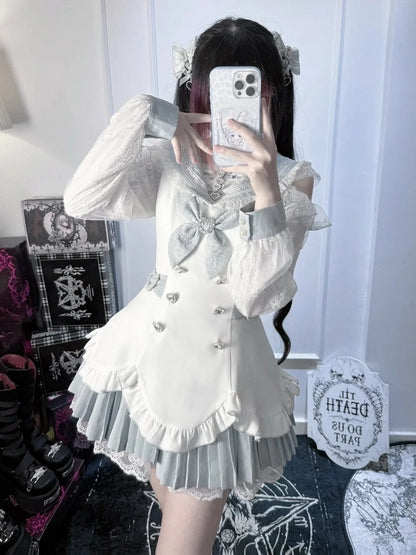Landmine Style Two-Piece Set in Blue and White with Sailor Collar Cutout Shoulder Pleated Dress and Shorts - Broken Bear