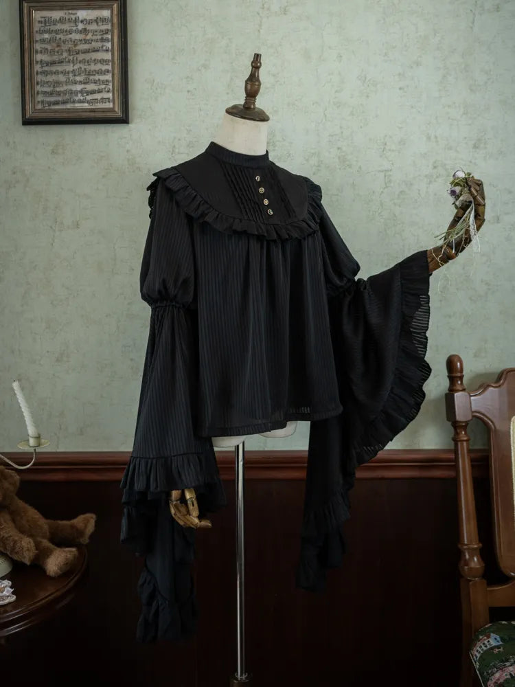 Flounce Trim Gothic Black Blouse Bell Sleeves
