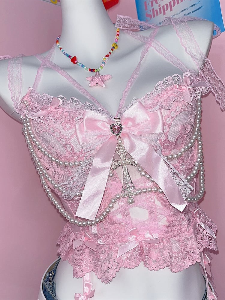 Pink Cross Top Beaded Lace Cami With Y2K Bow Charm Chains