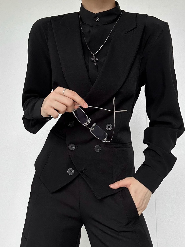 Ouji Lolita Black Unisex Mandarin Collar Long Sleeve Shirt with Button-Down Front