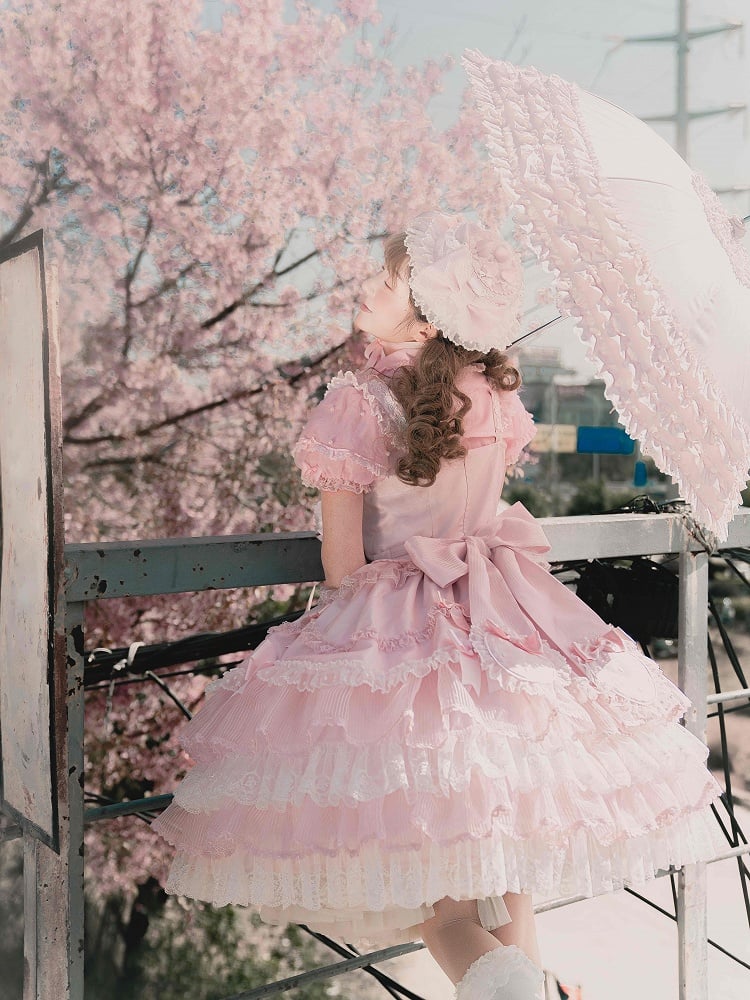 ピンクのプリンセスレイヤードフリルドレス、取り外し可能なパフスリーブ付きスイートロリータジャンパースカート