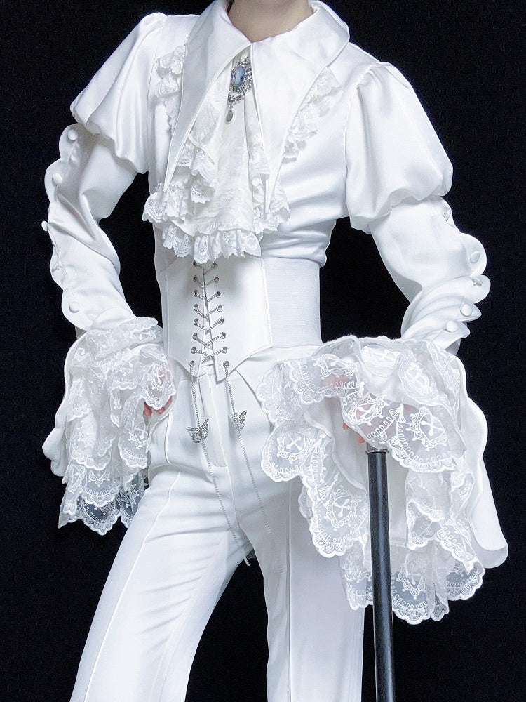 White Pointed Foldover Collar Ouji Gothic Lolita Long Sleeves Tail Shirt
