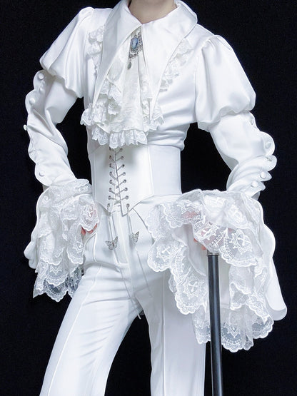 White Pointed Foldover Collar Ouji Gothic Lolita Long Sleeves Tail Shirt