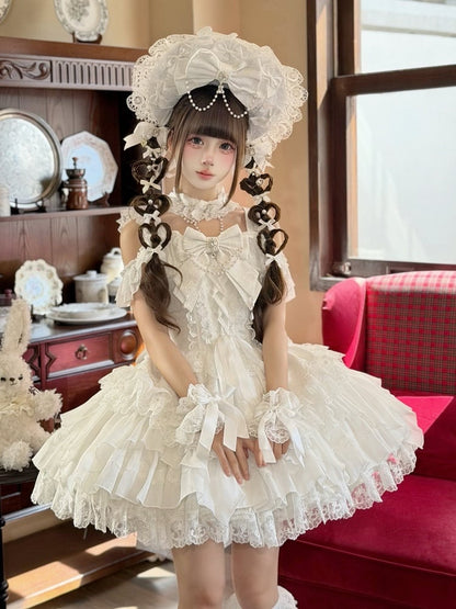 White Ballet Style Lace Ruffle Lolita JSK Dress with Bead Chain Bow Details - White Sugar Girl