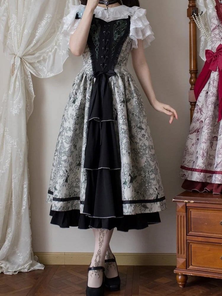 Green Forest Elegant with Print Animals Dress Lolita Bodice and Corset