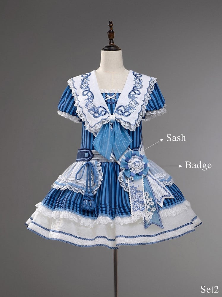 Striped Low Waist Sailor Dress with Blue Embroidery - Twin Bear Original Design