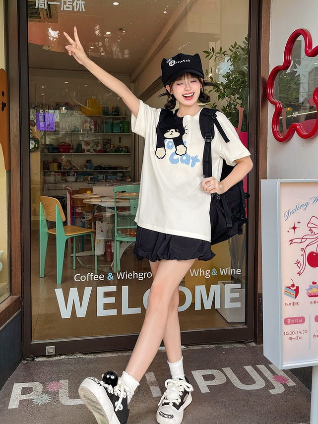 White Round Neck Cute Cat Print T-Shirt Loose