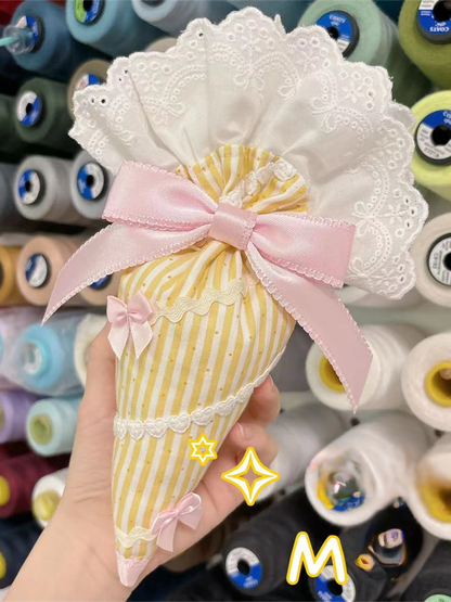 Brooch Bag-Shaped and Piping Pastry Lolita Lace Ruffles with Striped Bowknots Yellow