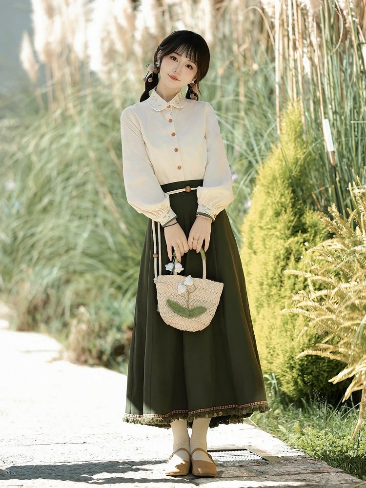 Floral Embroidered Plaid Top in Dark Green with White Blouse and Skirt Ensemble - Han Ru Chu Hanfu & Han-Element Studi