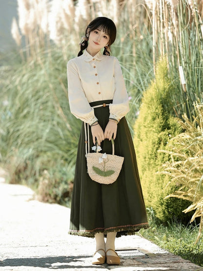 Floral Embroidered Plaid Top in Dark Green with White Blouse and Skirt Ensemble - Han Ru Chu Hanfu & Han-Element Studi