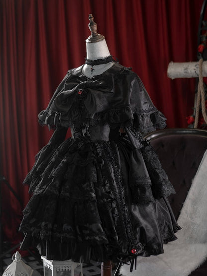 黒袖ケープドローストリングドレスレイヤードベルゴシックスカートロリータ+黒