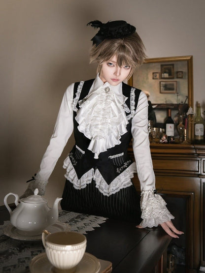 Schwarz-weißes Ouji Lolita-Komplettset: Hemd + Weste + Shorts + Jabot