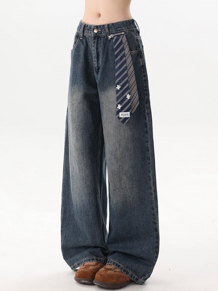 Dark Blue Faded Wash Wide-Leg Jeans with Detachable Blue Necktie Accent