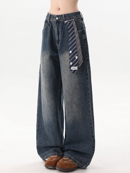 Dark Blue Faded Wash Wide-Leg Jeans with Detachable Blue Necktie Accent