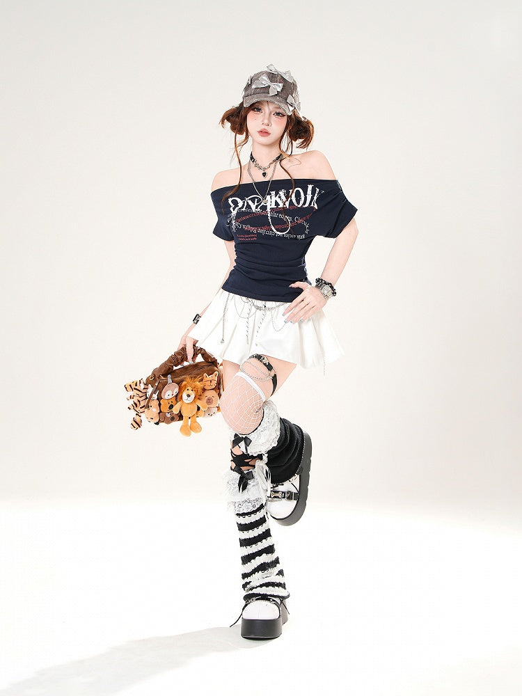 Grau/Marineblaues schulterfreies blaues T-Shirt mit Ausschnitt und Buchstaben-Print