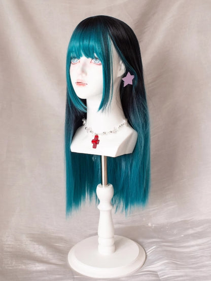 グリーン、前髪あり、エアブラック、オンブレ、長さ68cm、ストレート