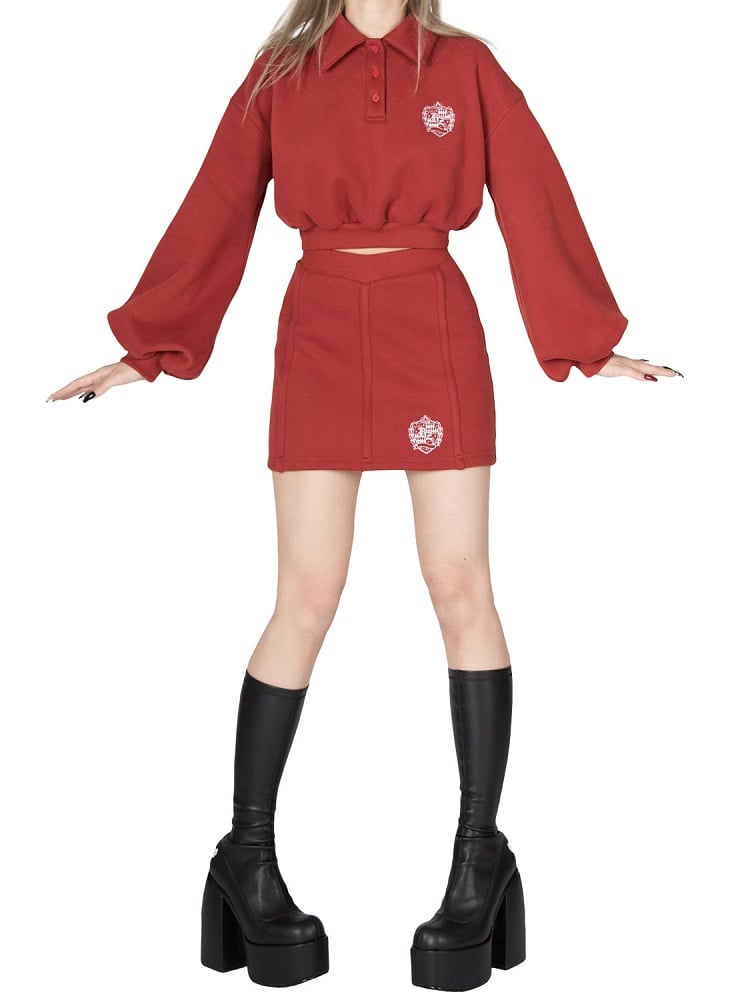Vintage Preppy Red Polo Collar Crop Sweatshirt with Embroidered Badge / High Waist Skirt