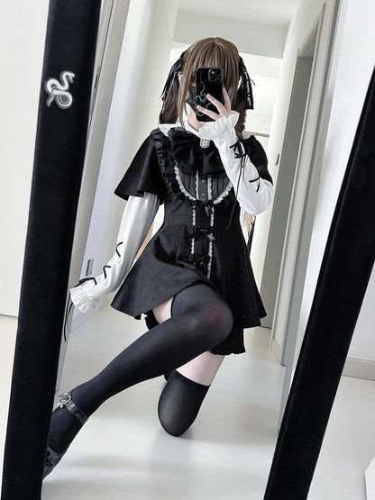 Tie Dress Detachable Jirai Full Sleeves Set + Bow Kei Short-Sleeve Black Plaid Matching Shorts