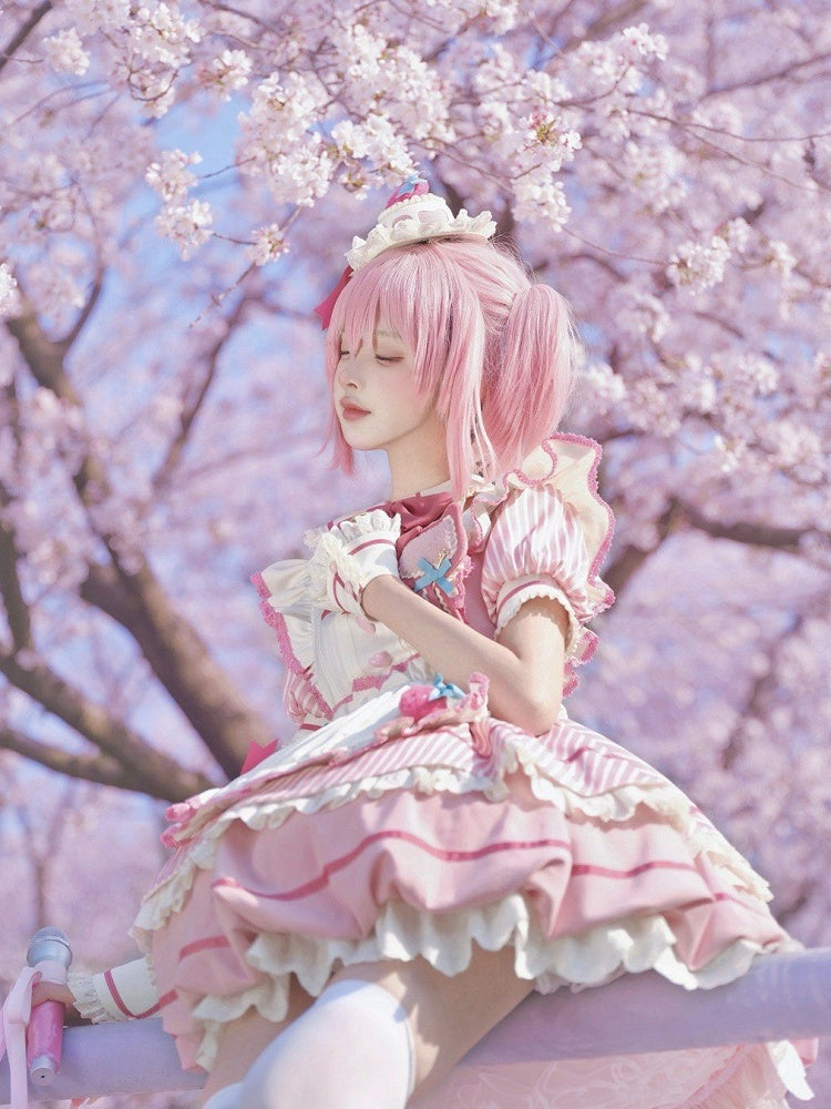Strawberry Theme Sweet Lolita OP with Apron, Sakura Pink Striped Pattern - Sakurahime