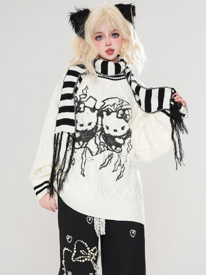 Black Kitties Pattern Round Neck Loose Sweater with Free Striped Scarf