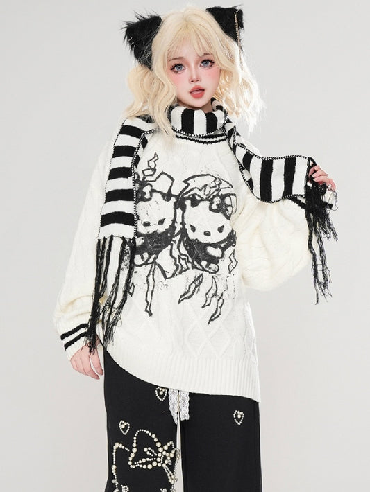 Black Kitties Pattern Round Neck Loose Sweater with Free Striped Scarf