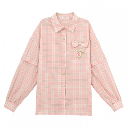 ピンクボタン、グリーンプラケット、グアバ刺繍、ハート柄、取り外し可能な袖付きチェックシャツ