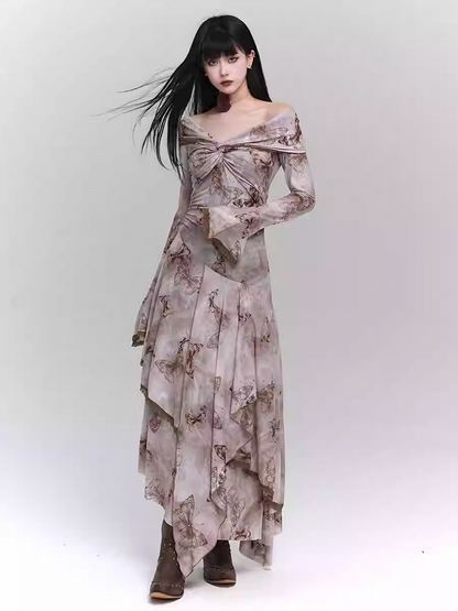 Purple/Dark Gray/Apricot Off-the-Shoulder Butterfly Print Twist Detail Dress